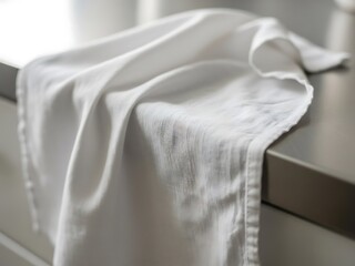 Wrinkled white linen fabric draped gracefully over a smooth surface
