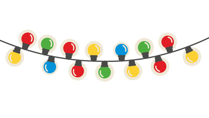 A string of colorful decorative lights, featuring red, green, yellow, and blue bulbs, arranged in a festive garland against a white background.