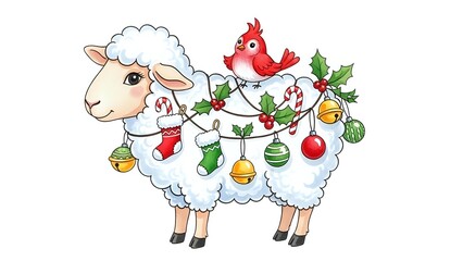 Fototapeta premium Cute cartoon sheep decorated with Christmas ornaments and holly, red cardinal bird perched on back, festive holiday design for greeting cards and decorations.