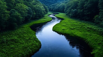 Serene river winding through lush green valley with dense forest hills creating peaceful natural landscape for environmental and travel content.