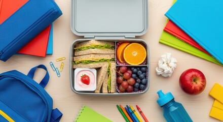 A balanced and visually appealing lunchbox, complete with sandwiches, fresh fruits, and other nutritious snacks, epitomizes healthy eating. Ideal for children or anyone seeking a balanced meal.