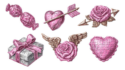 Romantic Glossy Set of Emblems for Seasonal Illustrations in 5D Style