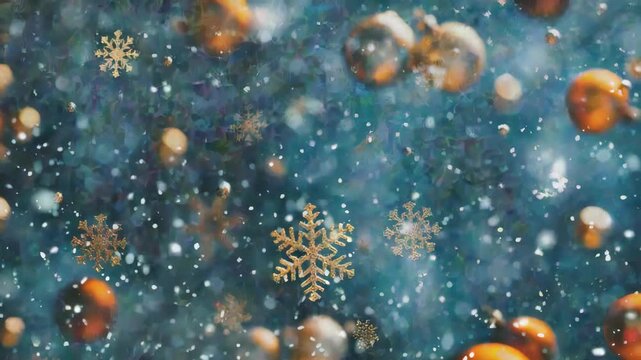 A festive scene of falling snowflakes and glossy Christmas ornaments against a dark backdrop.