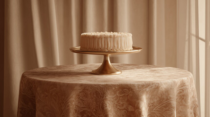 Elegant white cake on a gold stand centered on a table with a decorative tablecloth and curtains backdrop