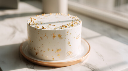 A white frosted cake with golden flakes on a plate sitting on a marble surface in bright sunlight