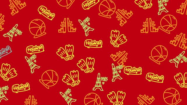 Rustic Summer Camping Seamless Pattern. Doodle Icons of Teepee, Nets, and Scenic Photo on Dark Maroon Background