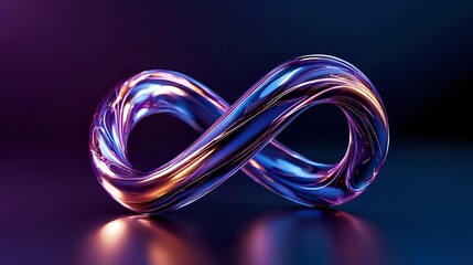 Glowing infinity symbol with flowing neon light trails in purple, blue and orange colors on dark background for technology and abstract concepts.