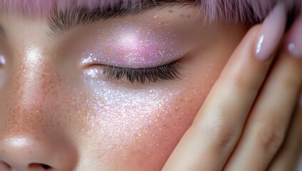 Young woman with glittery holographic makeup touching face with manicured nails showing iridescent eyeshadow and highlighter for beauty cosmetics skincare.