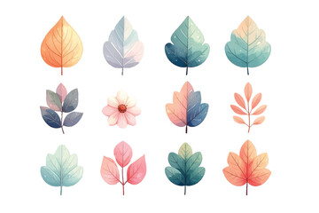Collection of stylized decorative leaves and a single flower illustration in pastel color palette, perfect for digital and print design elements