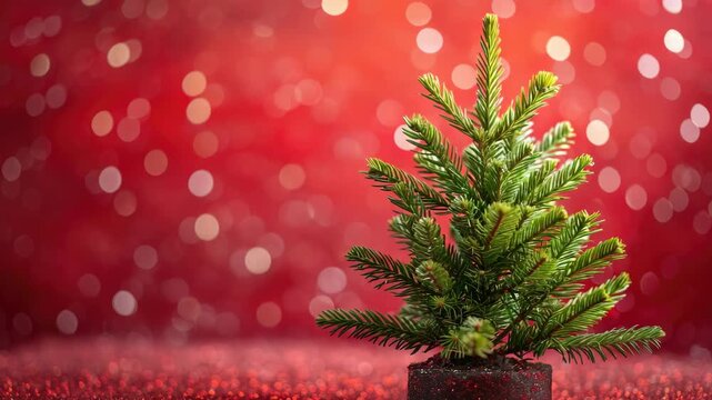 A small pine tree decorated as a Christmas tree with red snowflakes in the background, on a festive holiday theme.