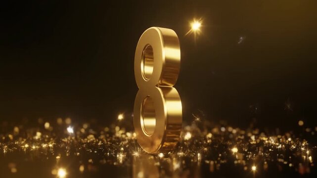 3D golden number 8 rotating with sparkles for Women's Day