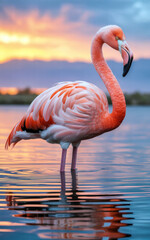 Fototapeta premium Striking portrait of a vibrant pink flamingo standing gracefully in calm water at sunset