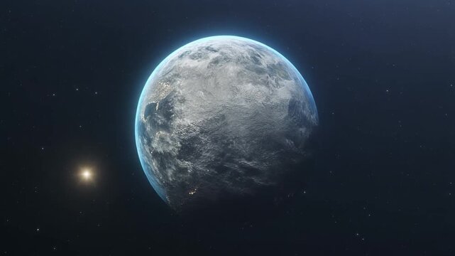 Animation of Earth slowly dimming then glowing again with stars lighting up