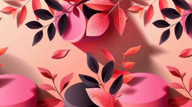 A charming autumn floral with pink and red leaves against a light beige background.