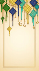 Elegant vertical banner with hanging colorful ketupat decorations, crescent moons, and stars on a cream background, perfect for Islamic holiday greetings.