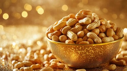 A selection of roasted peanuts in a shiny gold ornate bowl, with some scattered around on glittery foil. High-resolution suitable for food advertising and health promotion campaigns.