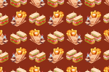 3D lunch pattern with sandwiches, fried chicken, fries, beverage bottles on brown background for deli restaurant menu designs