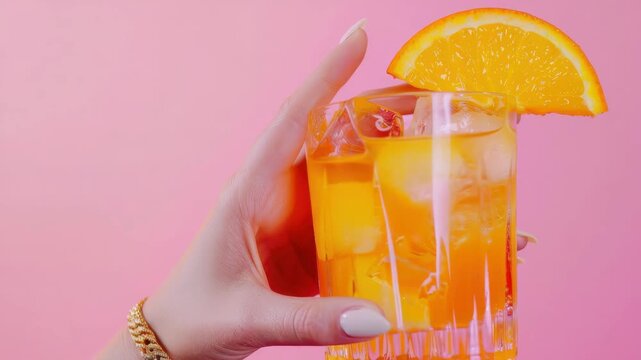 A hand gripping the rim of a tumbler filled with an orange beverage, garnished with a slice.