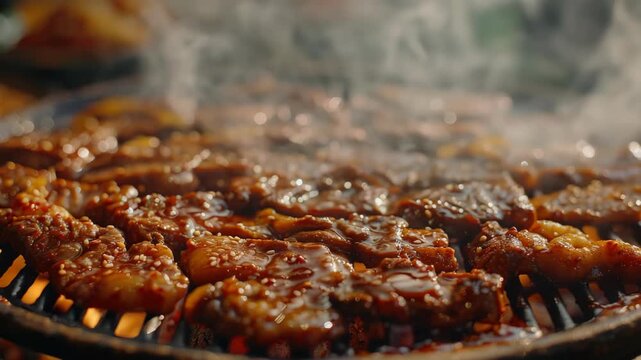 Sizzling grilled beef with sesame seeds and sauce on hot grill.