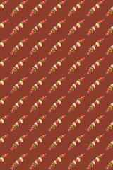3D kebab skewer pattern with vegetables and meat on red-brown background for BBQ restaurant menu and grilling food designs