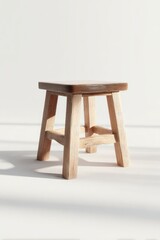 Fototapeta premium Small wooden stool stands with its legs on a white surface, bathed in light