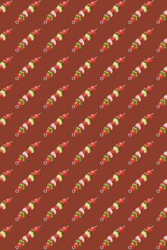 3D kebab skewer pattern with vegetables and meat on red-brown background for BBQ restaurant menu and grilling food designs