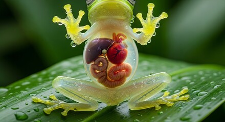 Glass frog resting on a leaf with transparent skin revealing internal organs. A unique tropical amphibian known for its delicate appearance and nocturnal rainforest life.