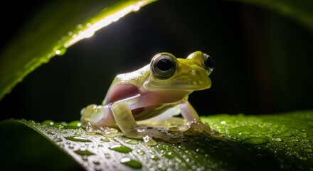 Glass frog resting on a leaf with transparent skin revealing internal organs. A unique tropical amphibian known for its delicate appearance and nocturnal rainforest life.
