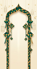 A decorative Islamic archway with green and gold woven ketupat-like ornaments, lanterns, stars, and crescent moons on a cream background, celebrating Eid al-Fitr.