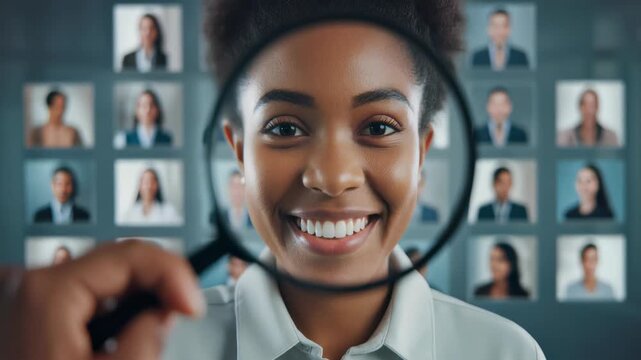 Young Black female candidate smiling widely, magnified by a loupe against a backdrop of diverse applicant profiles, concept for human resources management, talent selection and digital recruitment