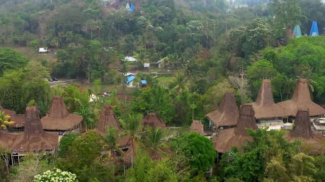 Aerial drone footage of traditional huts at Praijing village, Sumba island, Indonesia