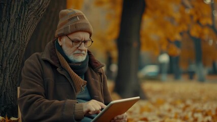 This is a of an elderly man sitting outdoors with trees displaying autumn colors around him. He appears absorbed in reading content on a tablet device.