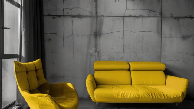 Modern interior with yellow sofa and armchair against cracked concrete wall and window.