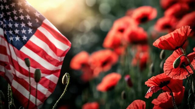 of American flag waving with red poppies in a field as seen from above, symbolizing remembrance for those who served.