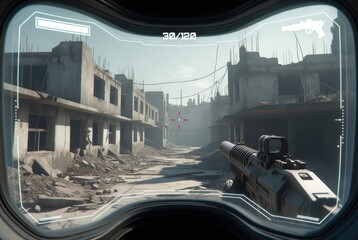 A person aims a rifle through a scope in a destroyed city. Crumbling buildings surround the area, and the ground is covered with debris. The scene shows signs of conflict 3d games shooter concept