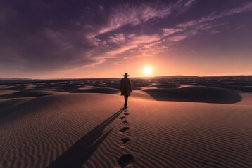 A person walks alone in a desert during sunset. Footprints mark the sand leading towards the horizon. The sky shows shades of orange and purple. The landscape is vast with rolling dunes