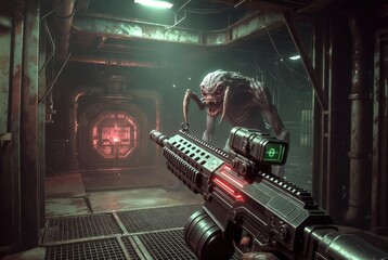 A person aims a weapon at a creature in a dark industrial area. The scene shows tension and danger in a futuristic setting. The creature appears menacing and ready to attack. 3d games shooter concept