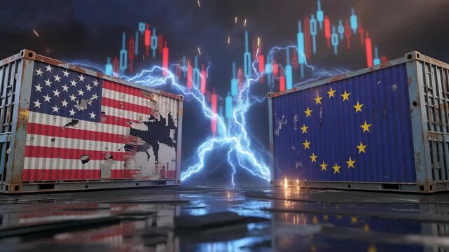 Corroded US and EU flag containers clash with lightning under a volatile stock market graph, concept for trade tension analysis, financial market distress and global economic conflict