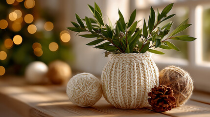 Cozy Ambiance of Nature's Delight: A handmade knitted vase filled with verdant greenery sits harmoniously alongside delicate yarn balls and a charming pine cone, creating a warm.