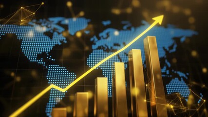 Golden 3D rising bar chart and yellow arrow symbolizing success and growth on a digital world map, concept for investment strategy, financial planning and global trading analysis - Powered by Adobe
