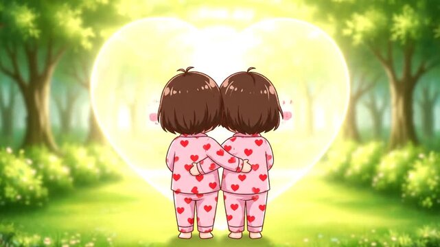 Chibi Girls in Valentine Day Pajamas: Animated Heartfelt Forest Scenery for Kids