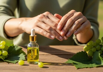 Hands using dropper with grape seed oil on wooden surface 