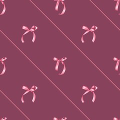 Seamless Bow Pattern on Burgundy Background 