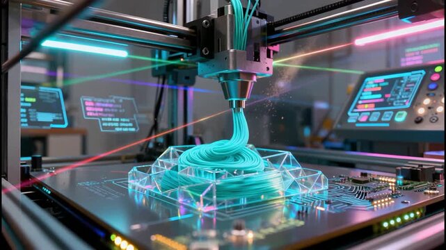 Futuristic 3d printer manufacturing in a neon-lit tech lab with holographic displays