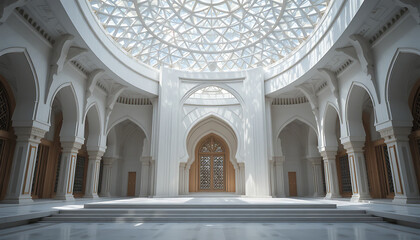 Majestic white hall with a stunning glass dome ceiling.