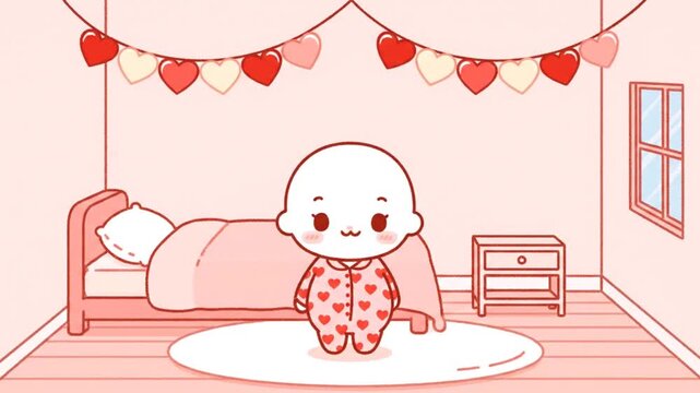 Adorable Child in Valentine Day Pajamas in Cozy Room: A Sweet Cartoon Illustration for Children's Content and Love-Themed Projects