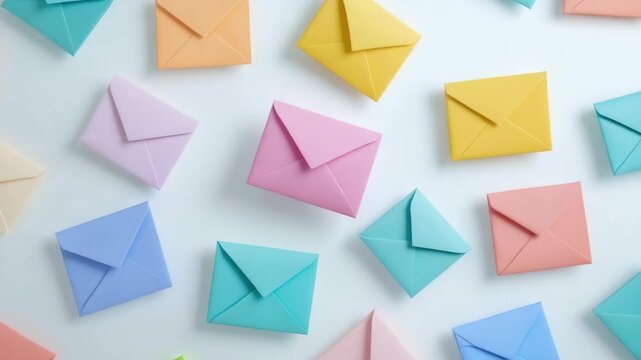 A collection of vibrant, handmade paper envelopes in various sizes and colors, perfect for sending letters or greeting cards.