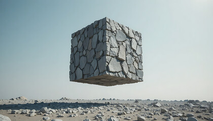 Mysterious levitating rock cube over barren land.