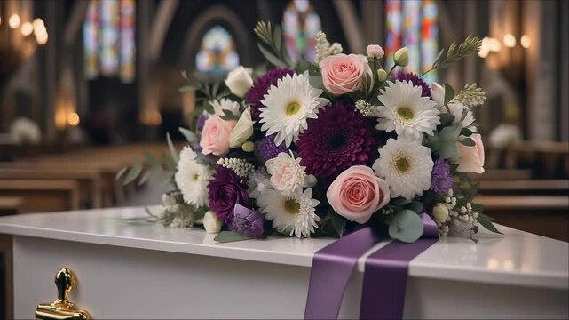 Floral arrangement featuring pink roses and white gerberas rests on a white casket during a solemn funeral service in a church, concept for mourning, memorial planning and religious ceremonies