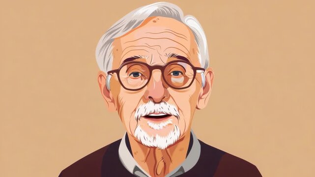 Elderly man with white hair, beard, round glasses, and dark sweater on beige background